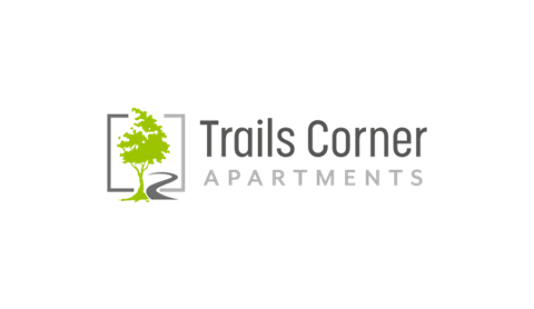 a green logo with a tree and the words trails corner apartments